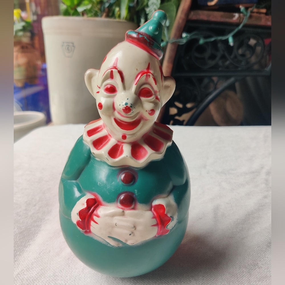 VTG Scary Clown Carnival Creepy Roly Poly Bell Wobble 50s MCM Halloween Circus